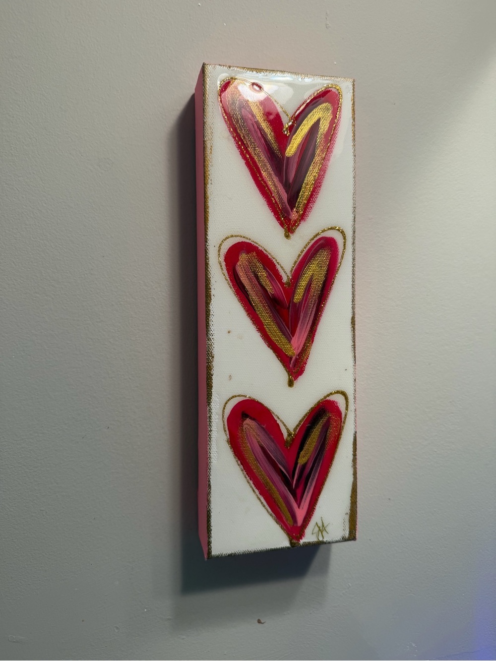 Vertical Trio of Pink & Gold Hearts Wall Art